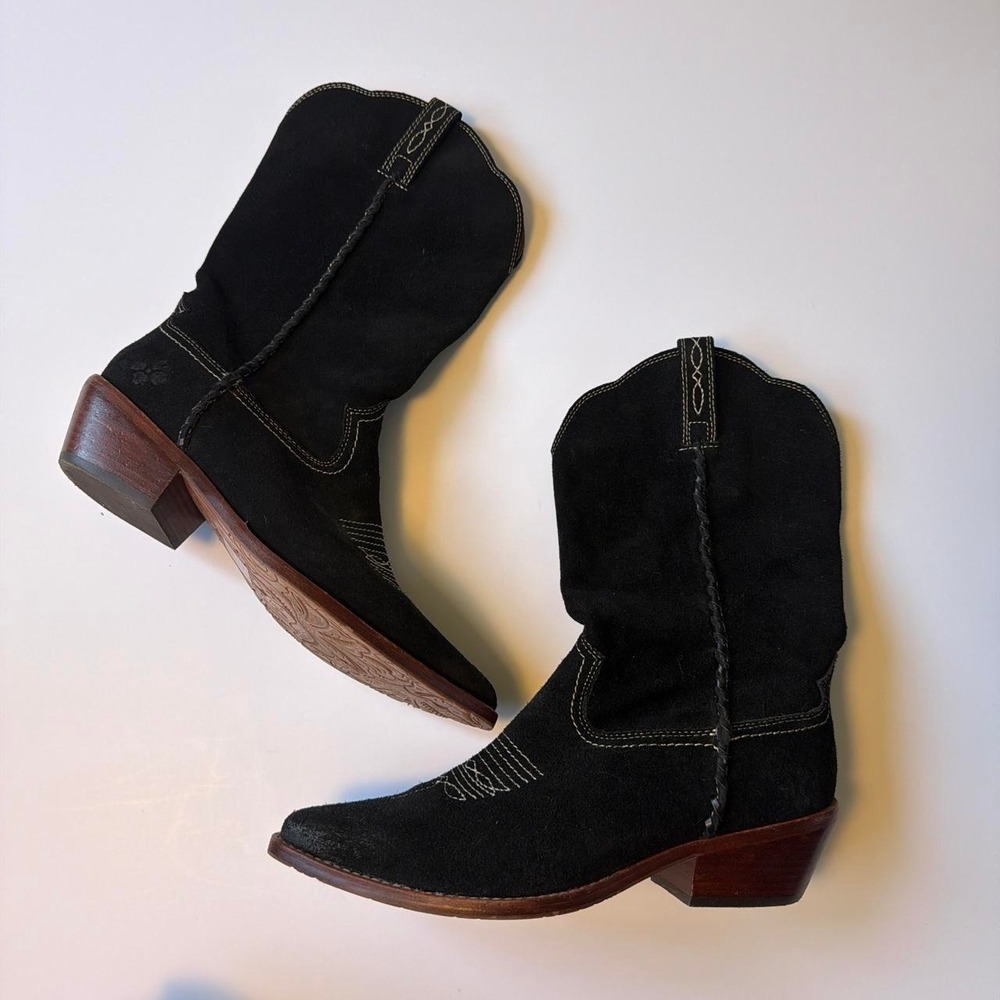 Patricia Nash Black Suede Cowboy Western Boots Women 9.5 Boho Stitching